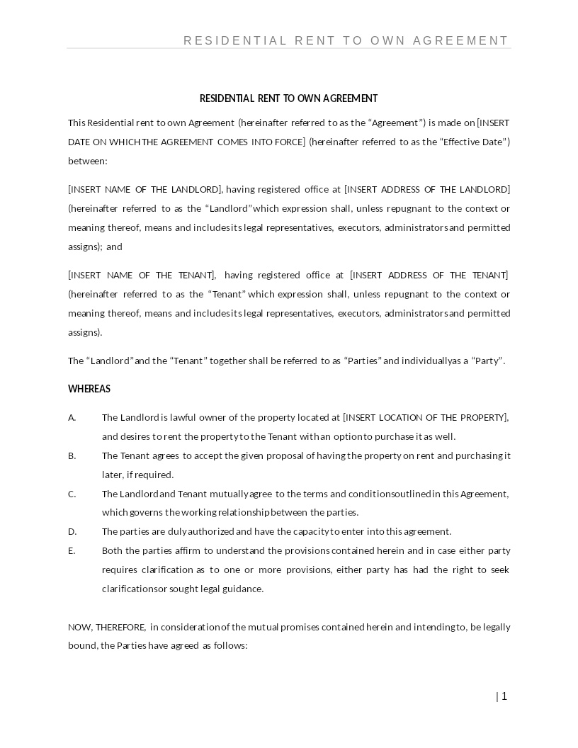 RESIDENTIAL RENT TO OWN AGREEMENT