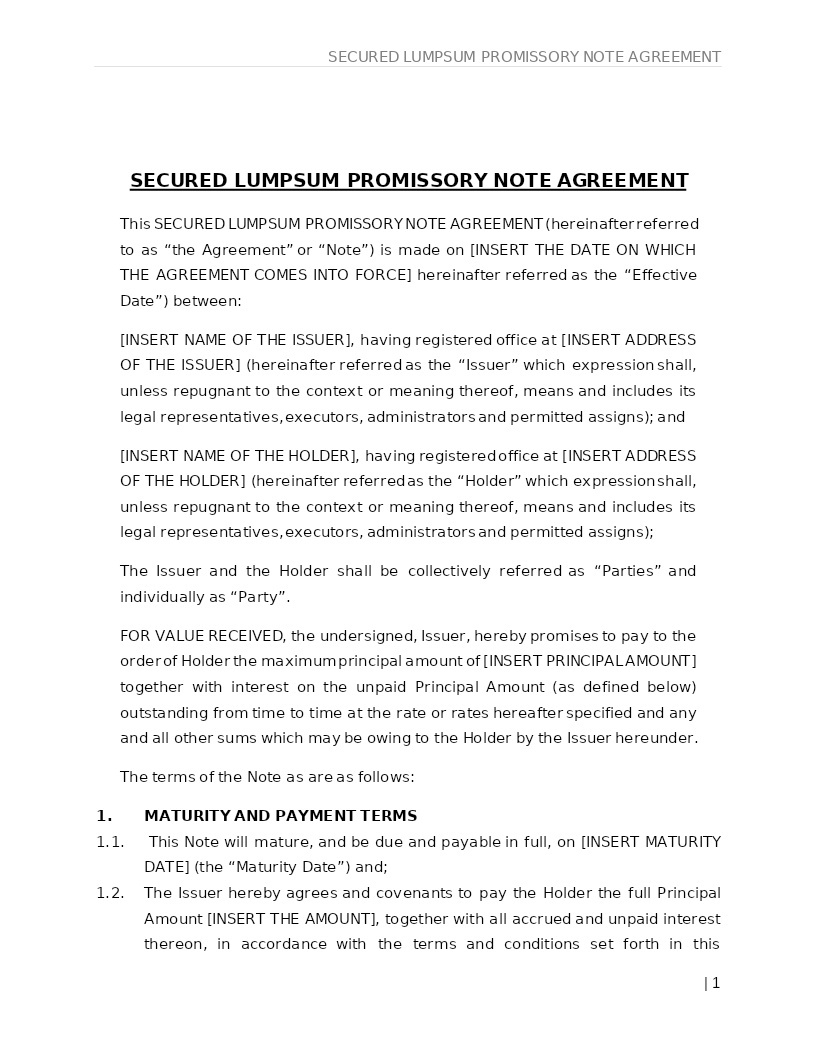 SECURED LUMPSUM PROMISSORY NOTE AGREEMENT