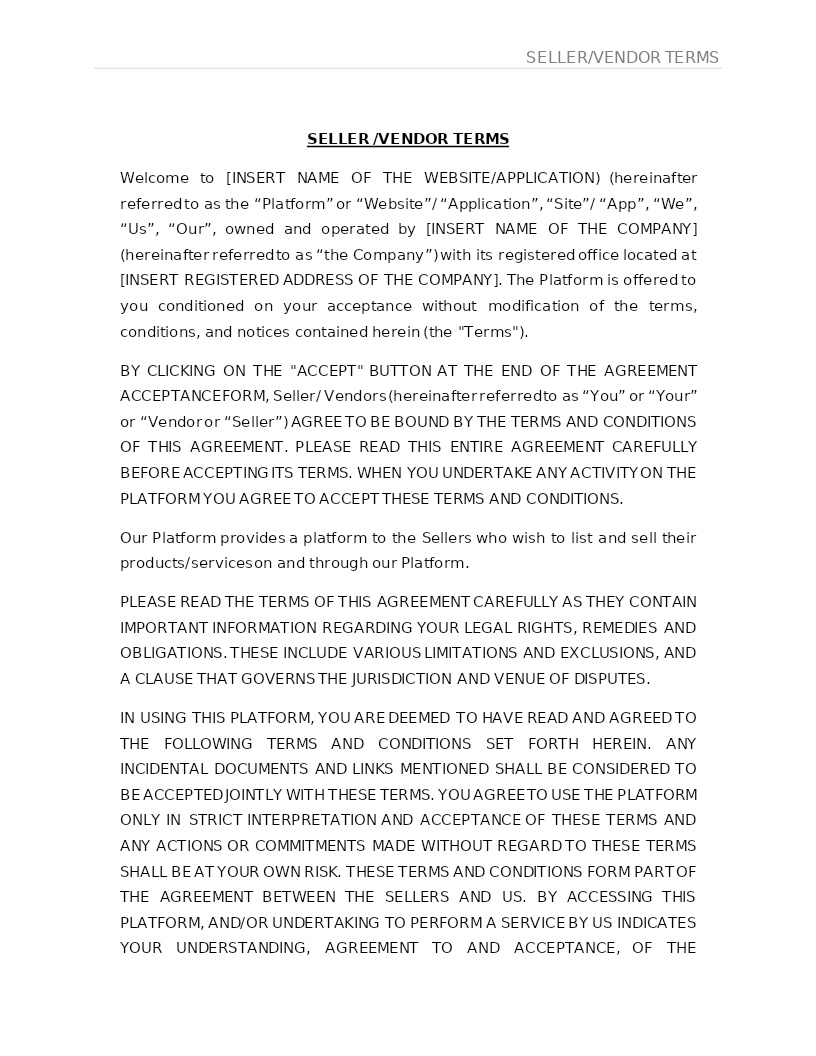 SELLER / VENDOR TERMS AND CONDITIONS FOR E-COMMERCE