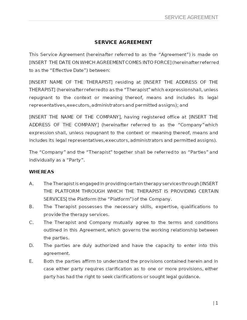 SERVICE AGREEMENT- THERAPIST