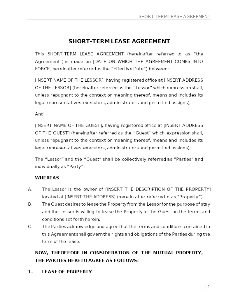 SHORT-TERM LEASE AGREEMENT