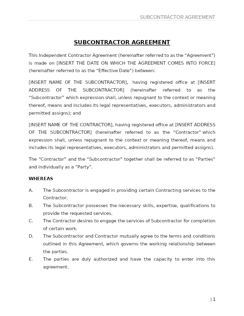 SUBCONTRACTOR AGREEMENT