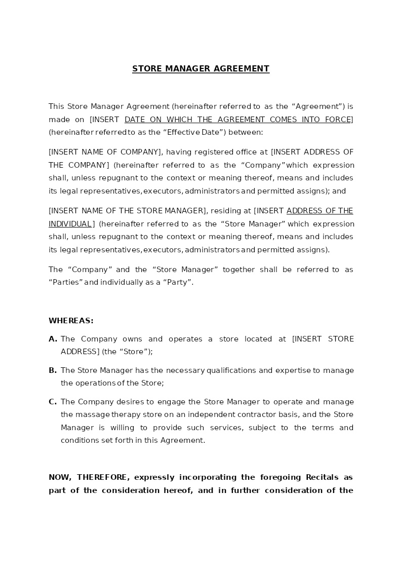 STORE MANAGER AGREEMENT