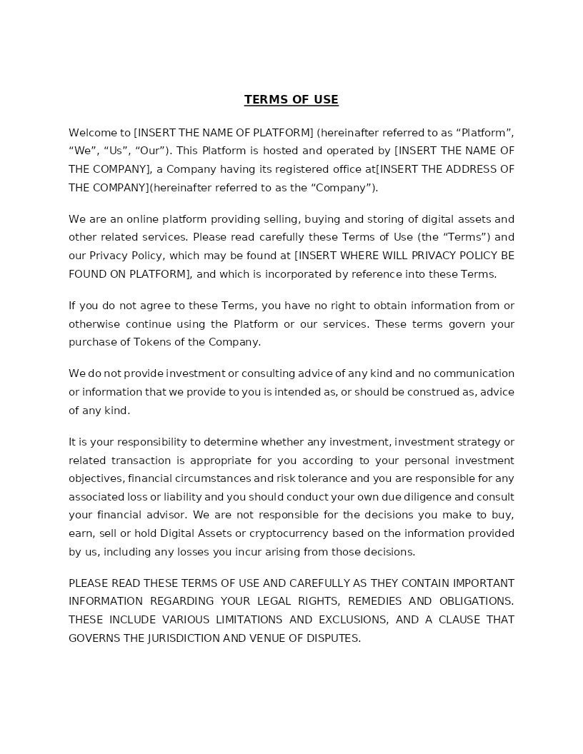 TERMS OF USE- CRYPTOCURRENCY EXCHANGE