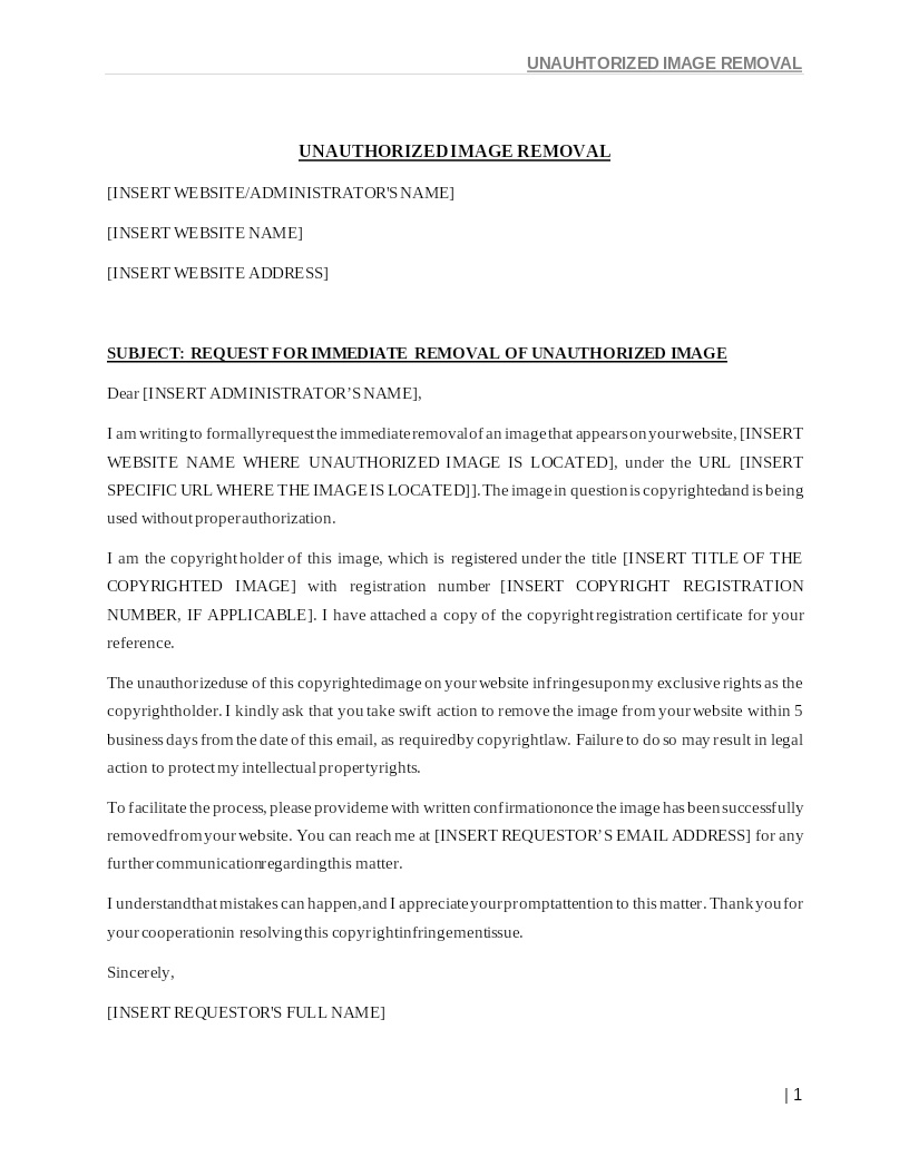 UNAUTHORIZED IMAGE REMOVAL REQUEST