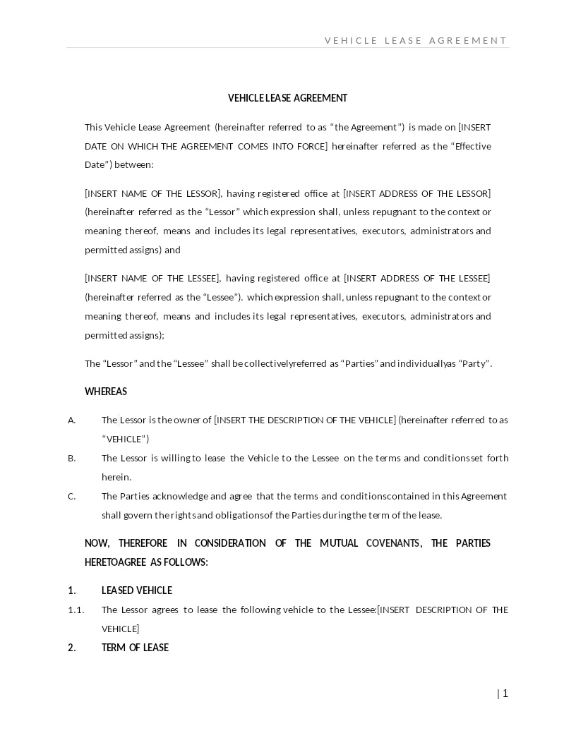VEHICLE LEASE AGREEMENT