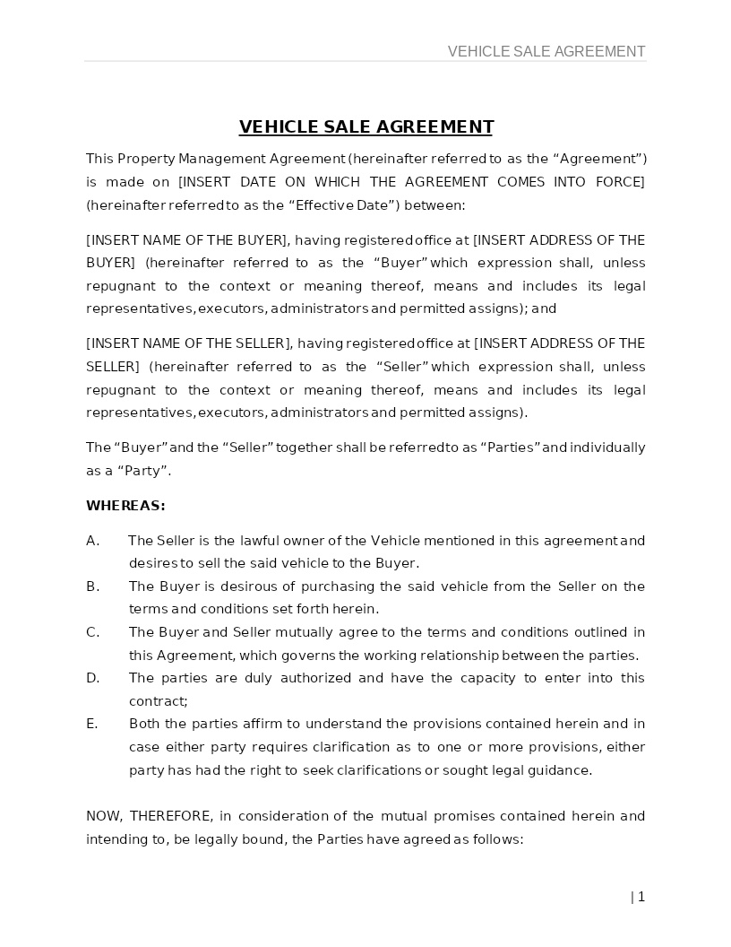 VEHICLE SALE AGREEMENT