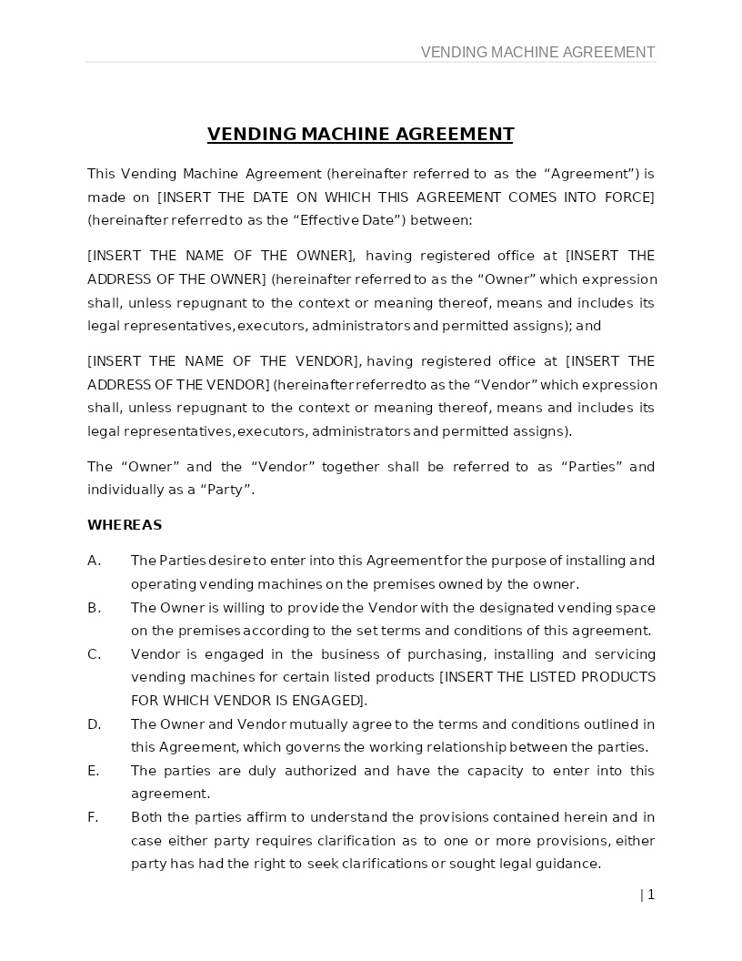 VENDING MACHINE AGREEMENT