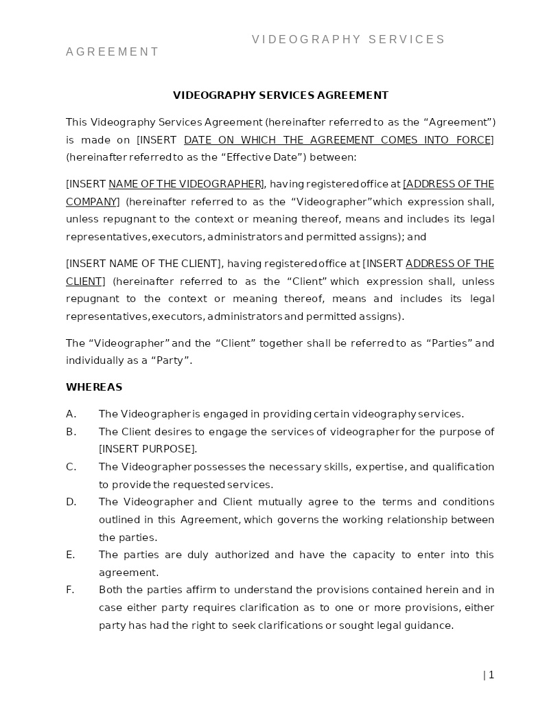 VIDEOGRAPHY SERVICES AGREEMENT