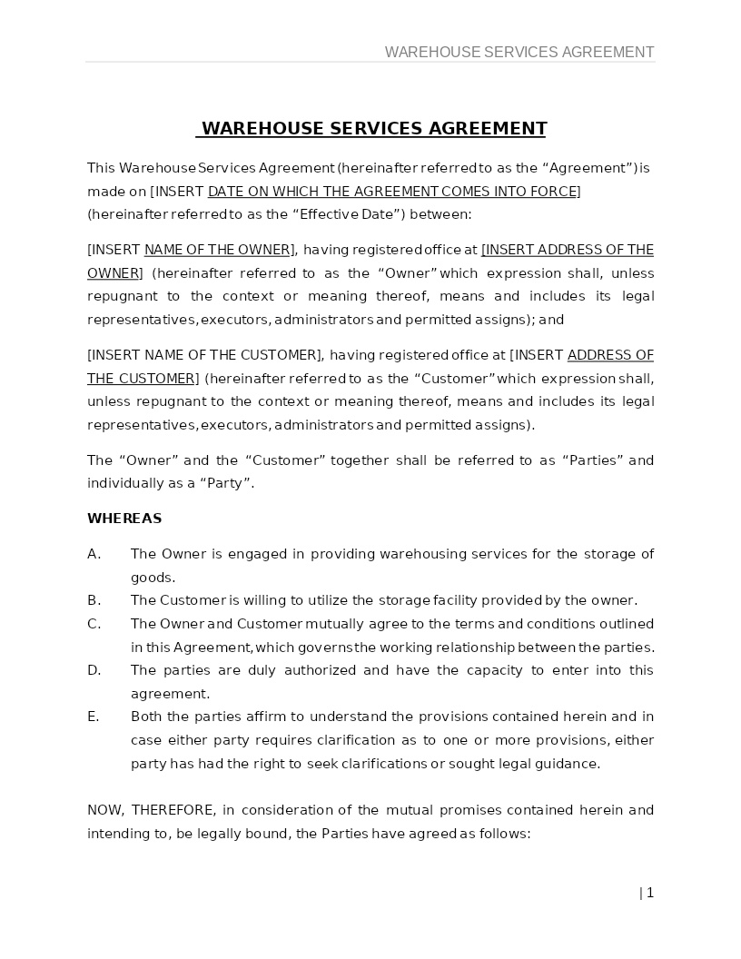 WAREHOUSE SERVICES AGREEMENT