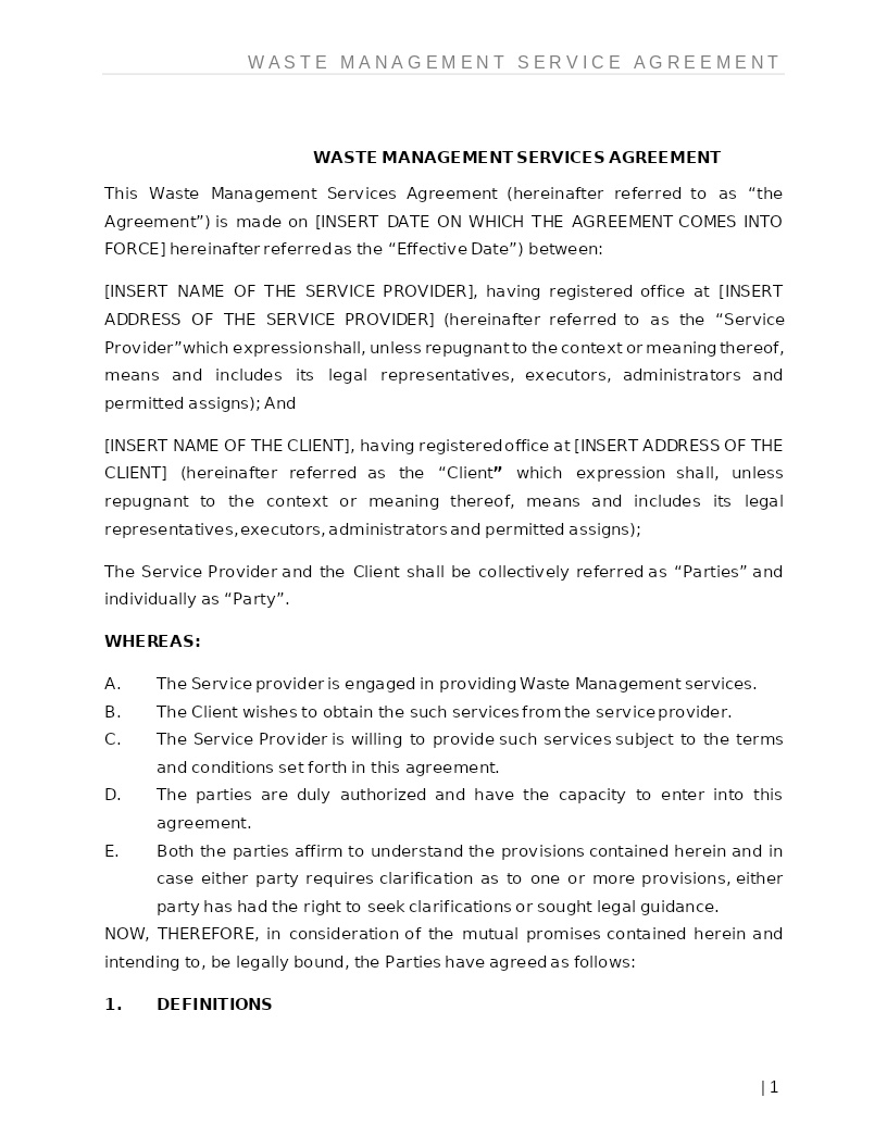 WASTE MANAGEMENT SERVICES AGREEMENT