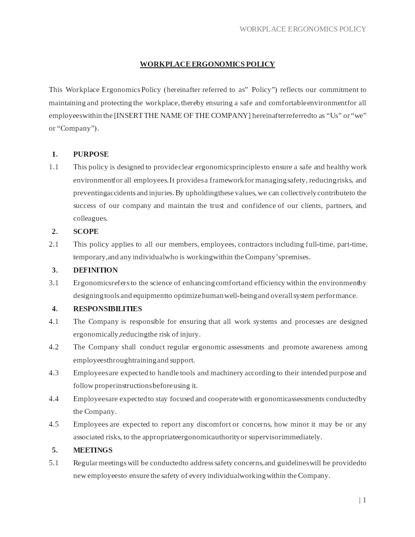 WORKPLACE ERGONOMICS POLICY