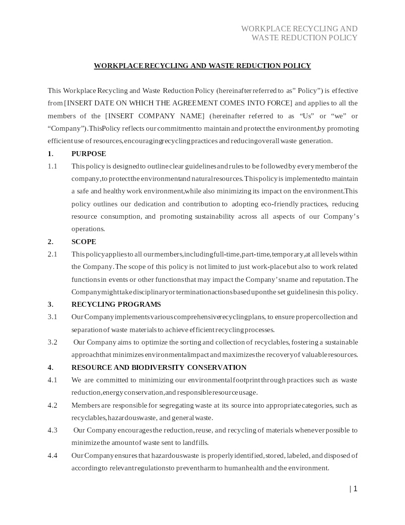 WORKPLACE RECYCLING AND WASTE REDUCTION POLICY