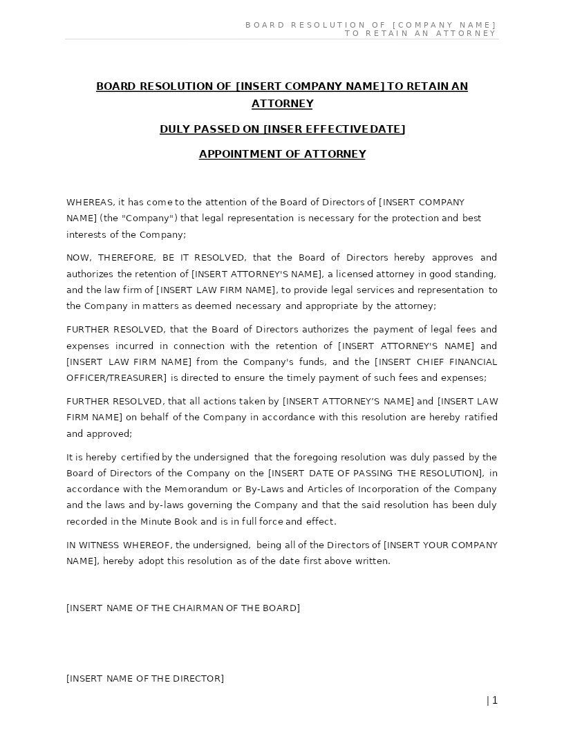 BOARD RESOLUTION OF TO RETAIN AN ATTORNEY