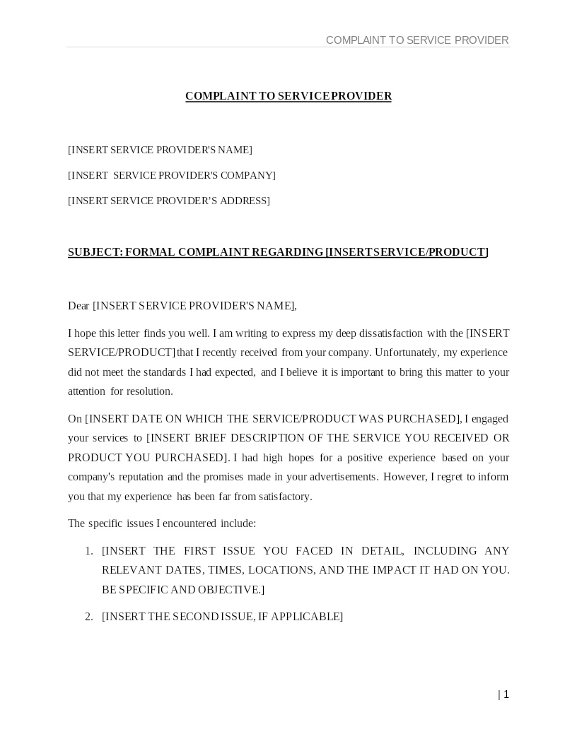 COMPLAINT TO SERVICE PROVIDER