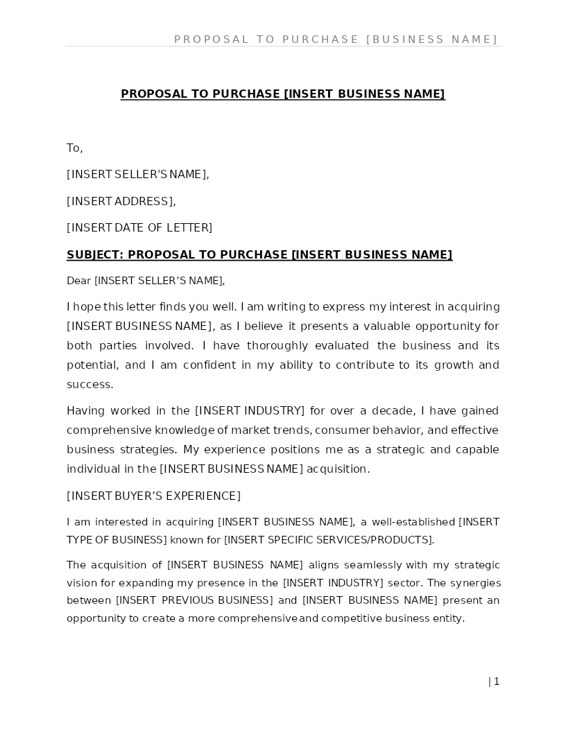 PROPOSAL TO PURCHASE